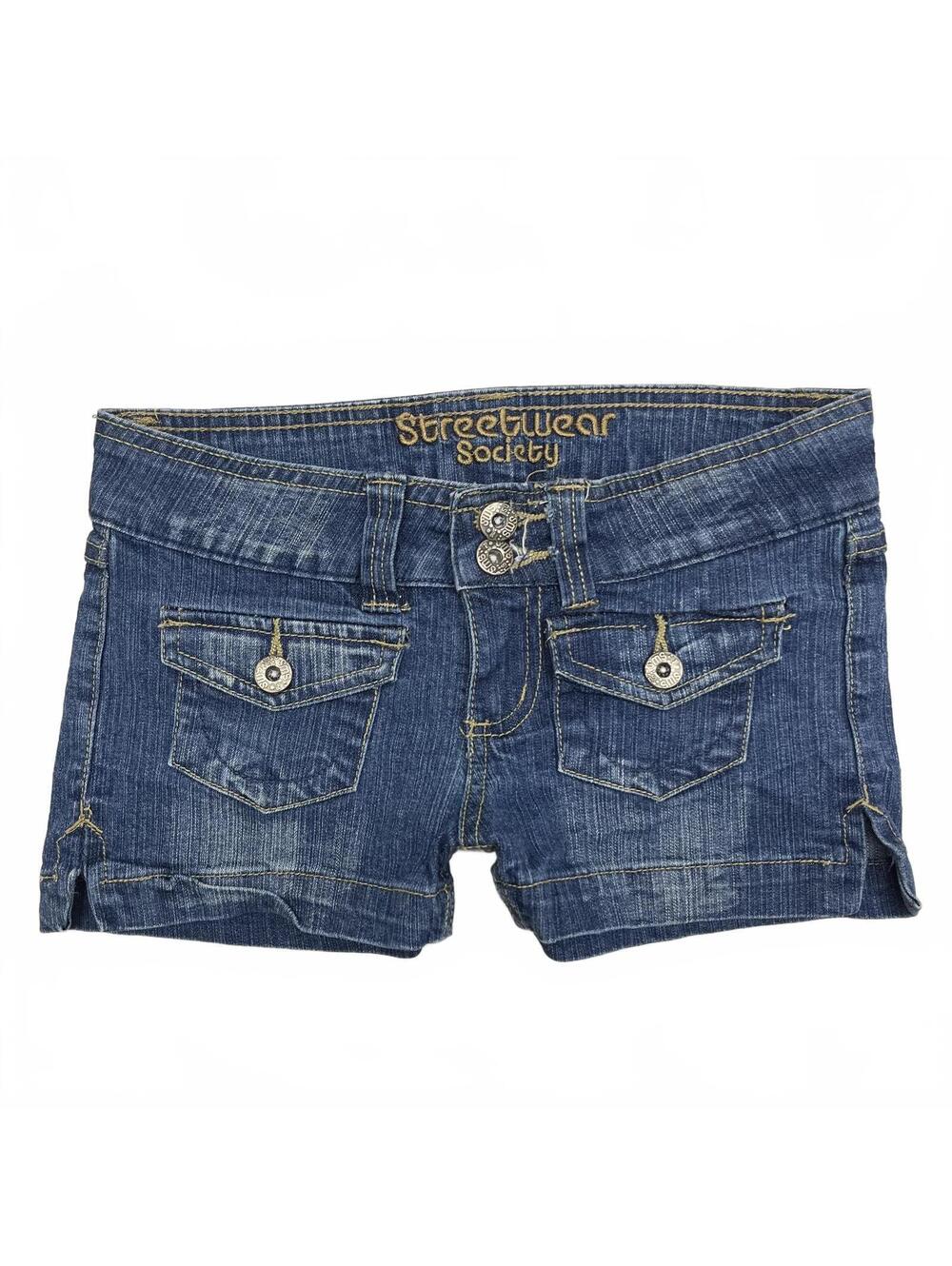 Y2K Streetwear Society Sz 00  Blue Low Rise Mini Shorts Buttoned Pockets McBling